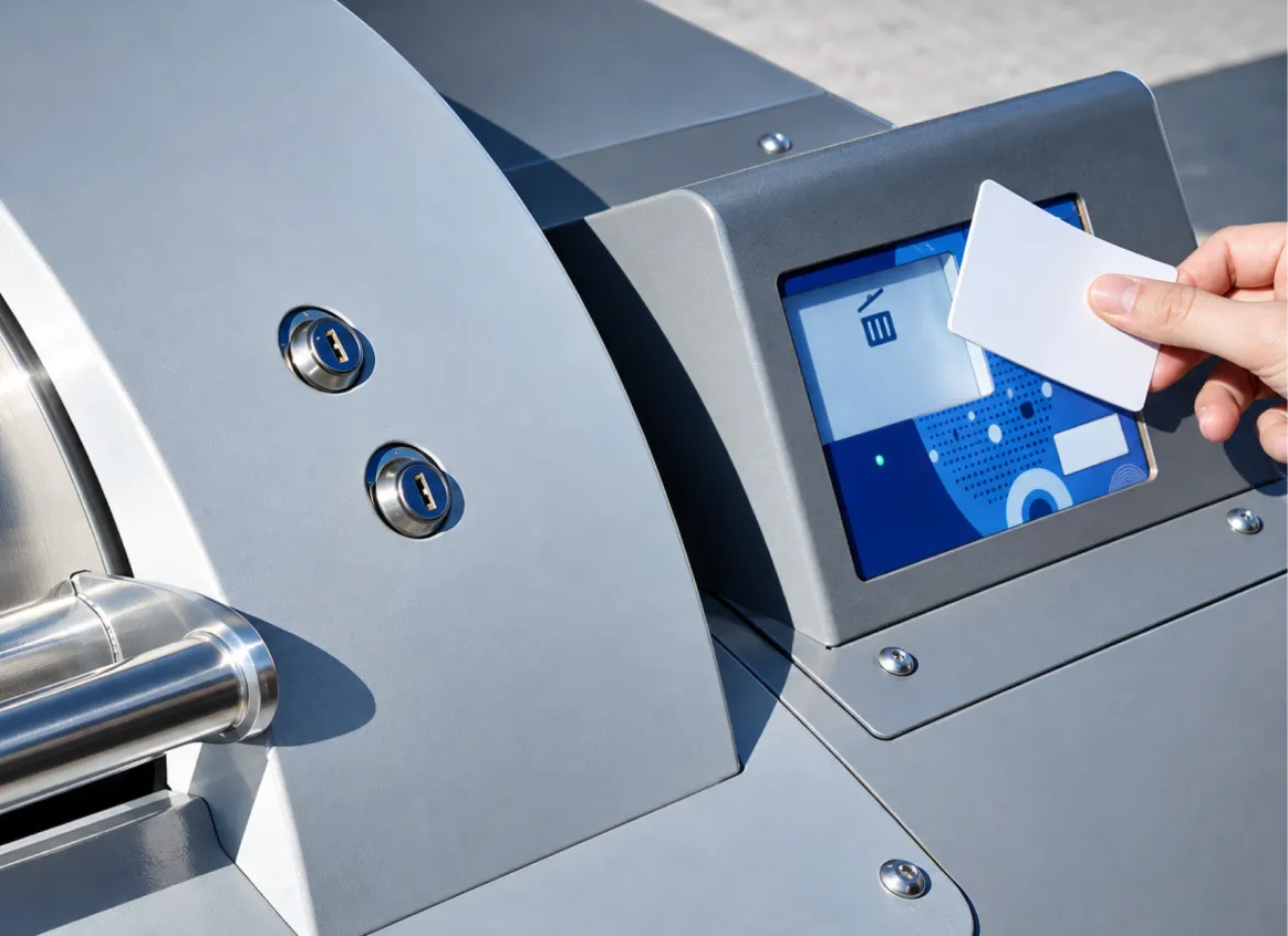 Hand holding an access card up to the reader of an Easy container