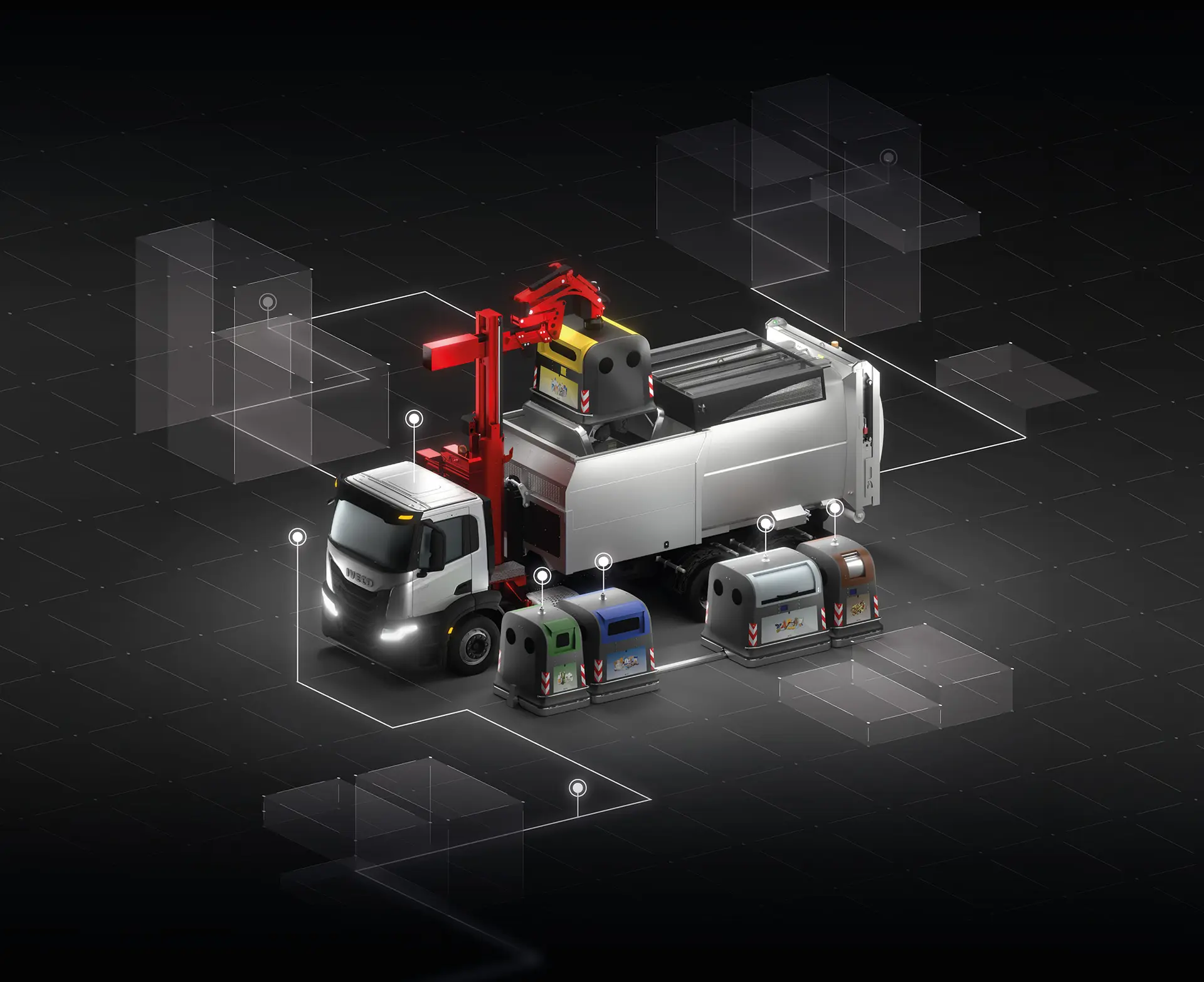 EASY System truck with its lifting arm and containers in a digital city grid