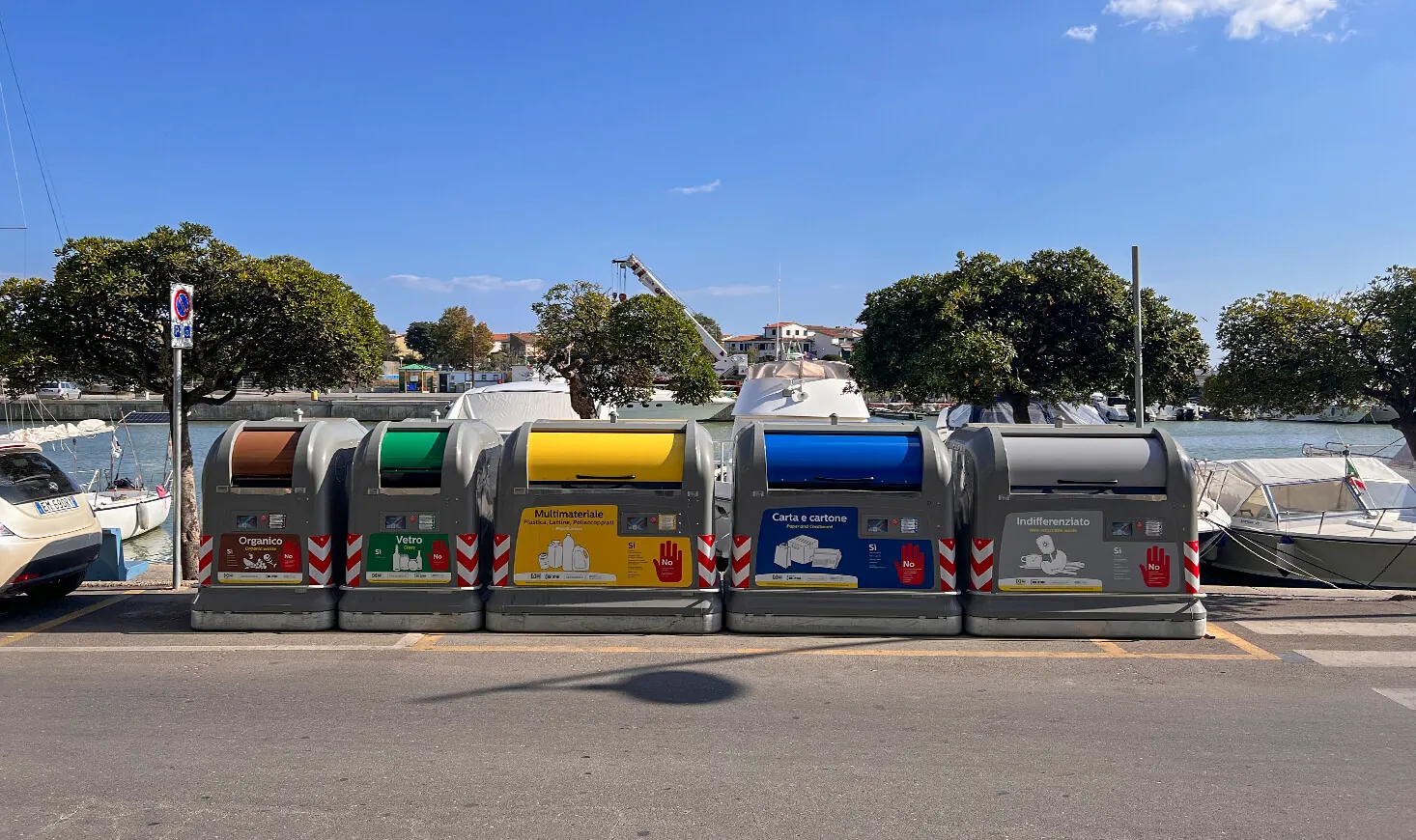 New City Standard containers along a waterfront road