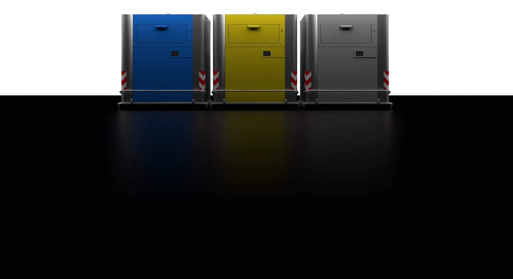 Row of Cube containers in blue, yellow and grey