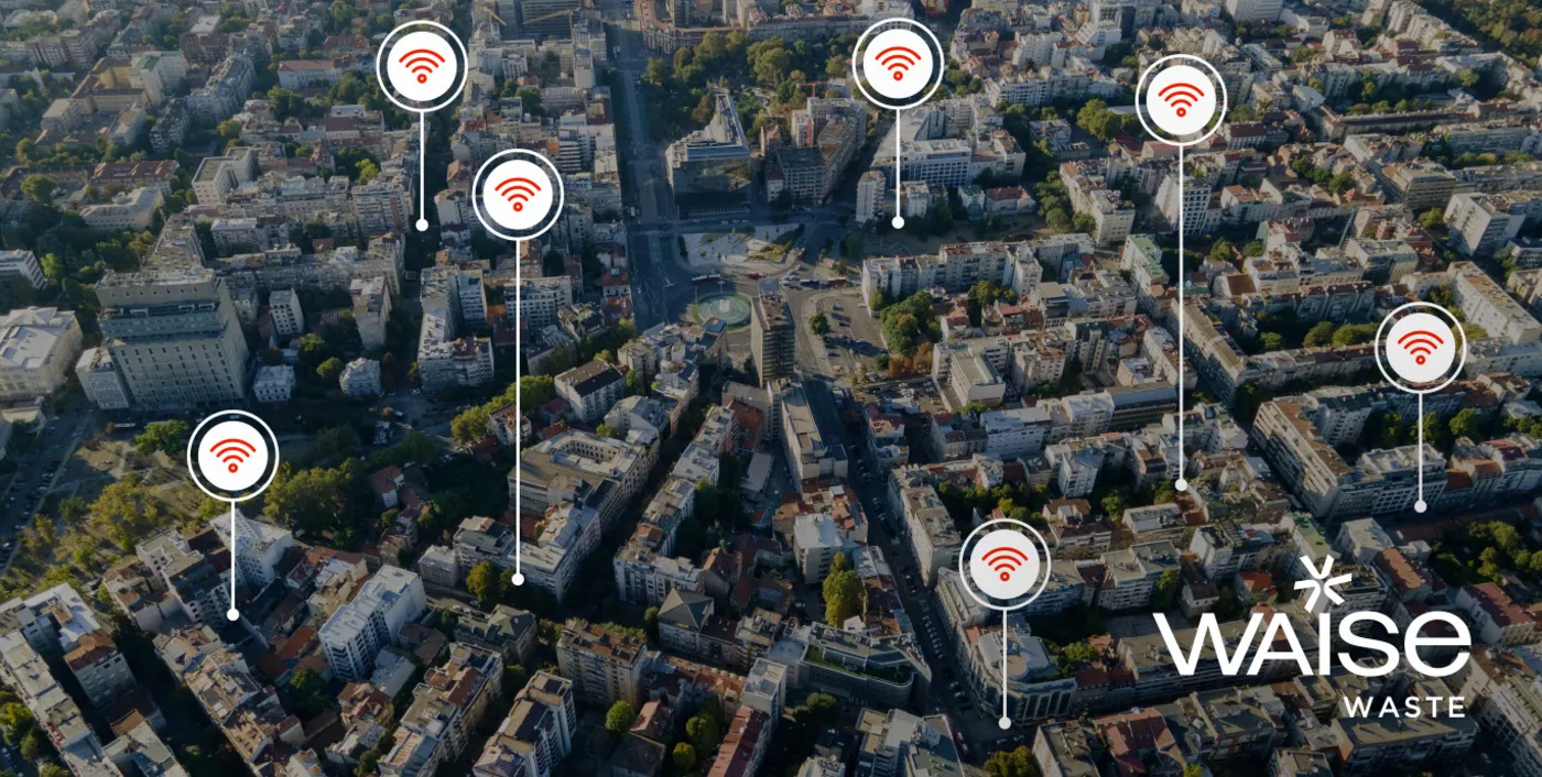 Aerial view of a city with Waise sensor markers