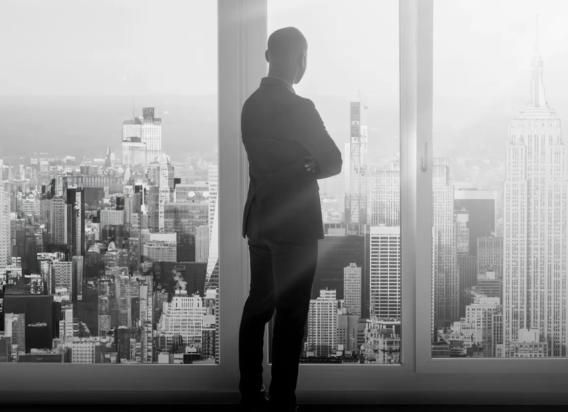Person at a window overlooking the city skyline