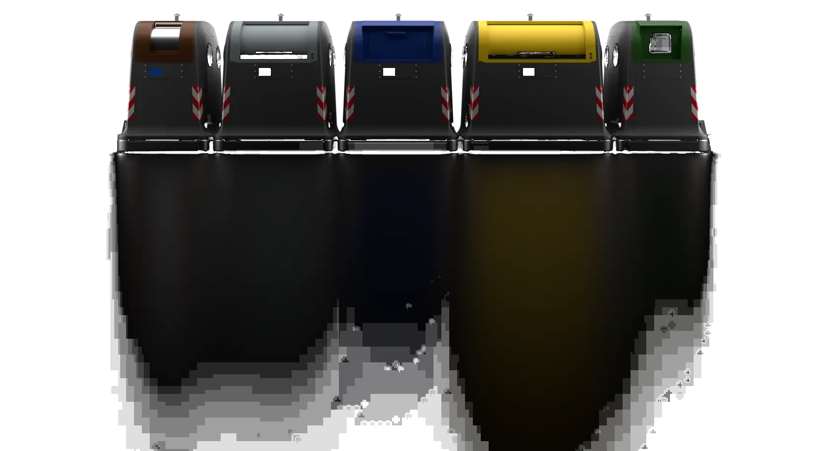 Row of New City 2.0 containers in five colours for sorted waste