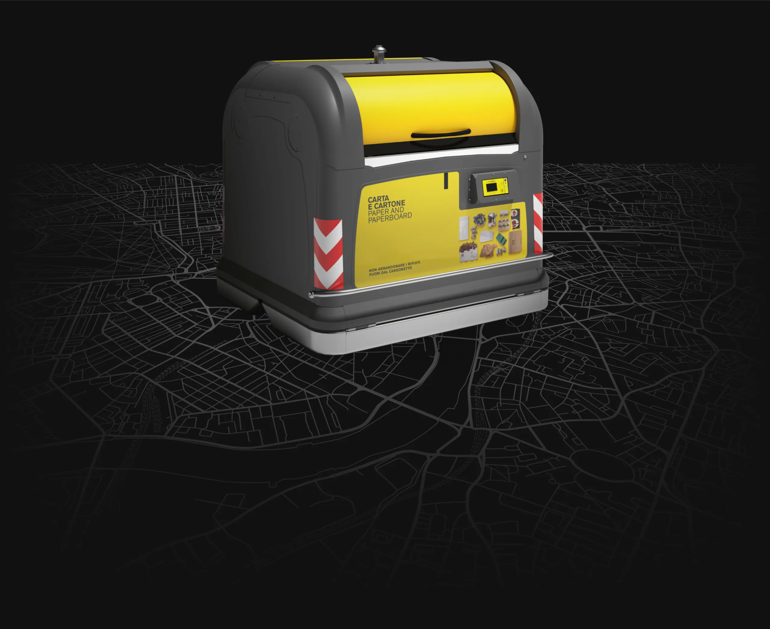 Genius container with a yellow lid on a map of the city