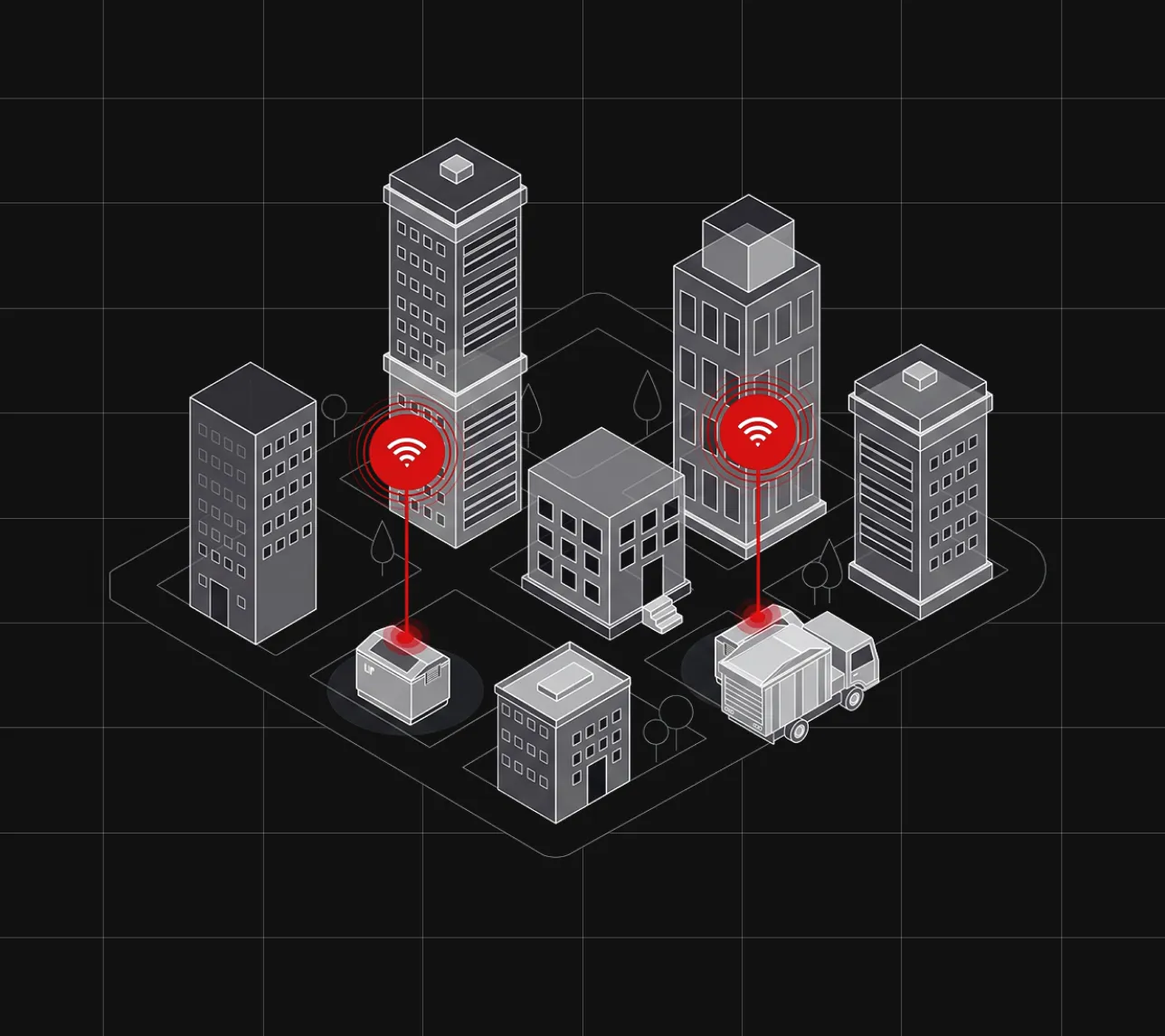 Isometric city with a connected container and a collection truck