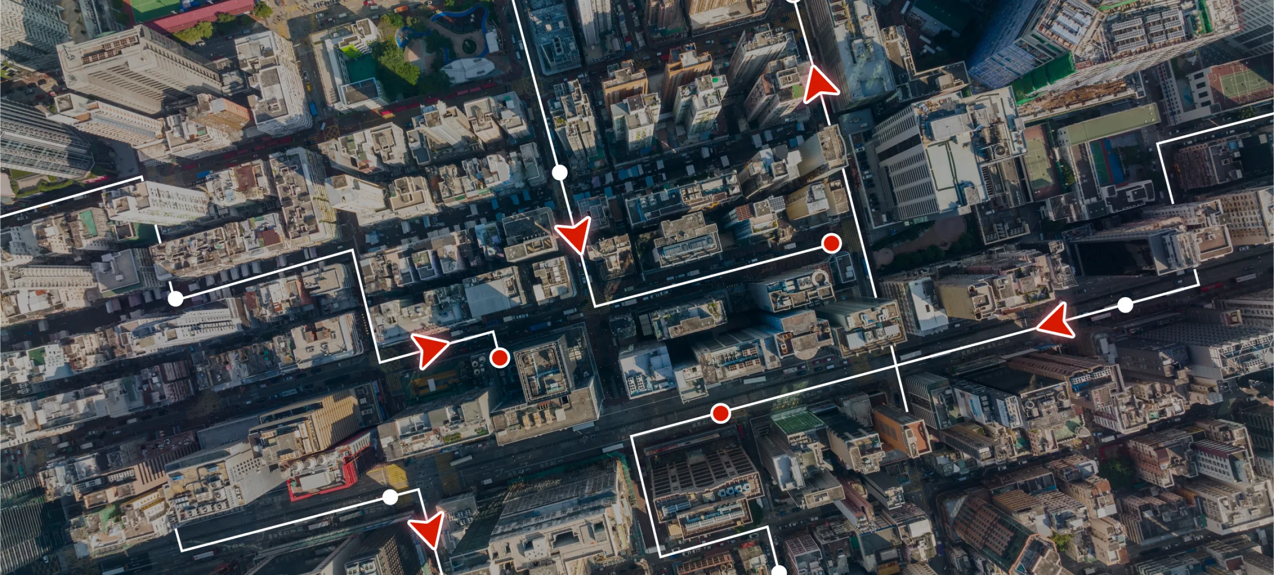 Aerial view of a city with the collection route marked