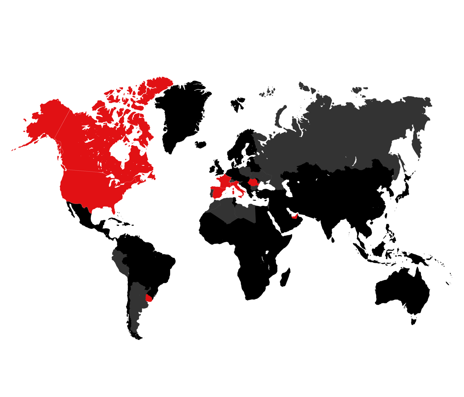 World map: in red the countries where Nord Engineering is present, in grey those with its works