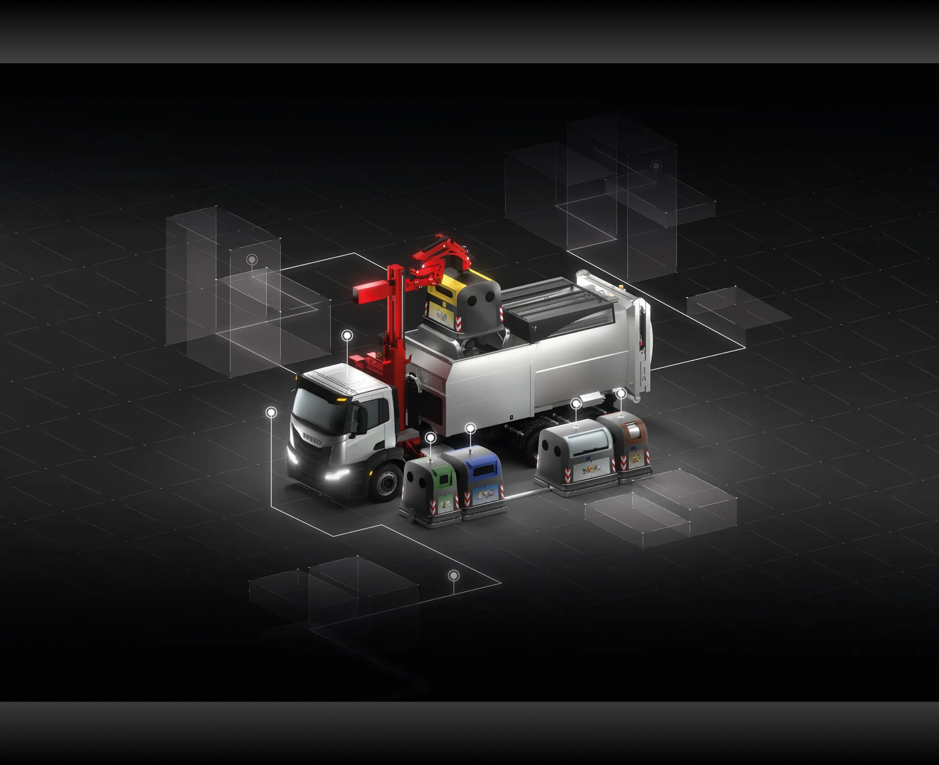 Easy System truck with its arm, containers and digital solutions in an isometric grid