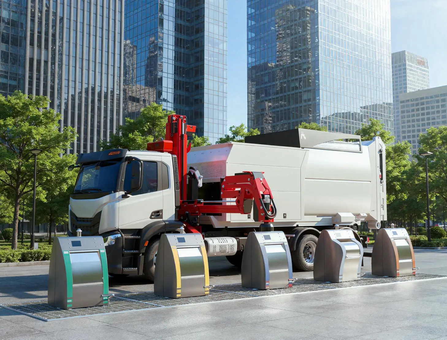Collection truck emptying underground containers among skyscrapers